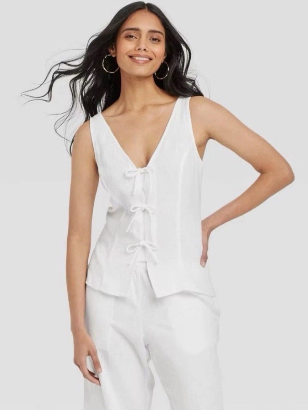 A New Day Women's Plus Size Linen Tie V-Neck Sleeveless White Top Size 3X F34